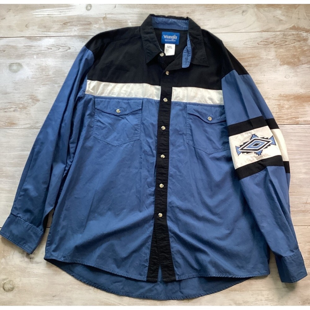 Wrangler Long Sleeve Collared Snap Down Blue, Black, And White Men's XL Western